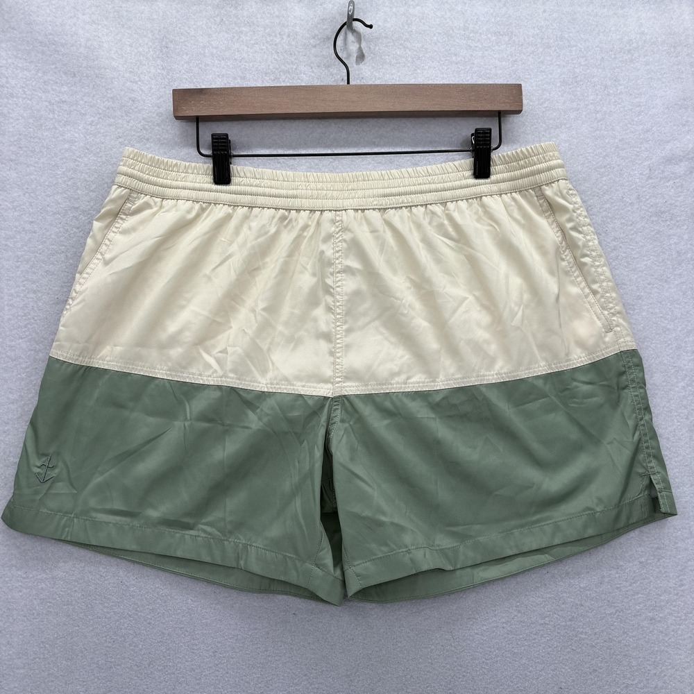 Huckberry La Paz Swim Shorts Mens XL Green Cream Colorblock Mesh Lined Nautical